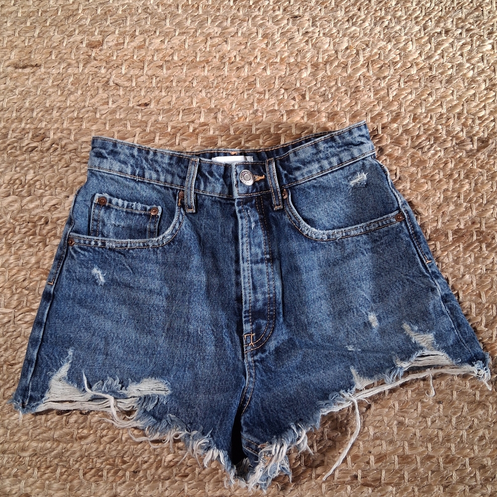 Zara Distressed High-Rise Denim Shorts - Blue